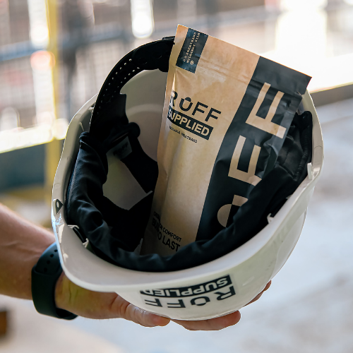 Ruff Supplied packaging sitting inside of a hard hat